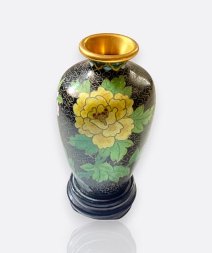 Japon Cloisonné Minyatür Vazo – Siyah Zemin Üzerine Sarı Çiçek Desenli