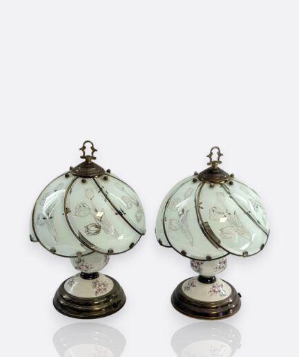 Vintage Lale Desenli Cam ve Porselen Abajur Çifti (1950–70’ler)