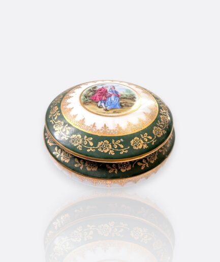 Limoges France Yeşil & Altın Yaldızlı Kapaklı Porselen Kutu (Rokoko Tarzı)